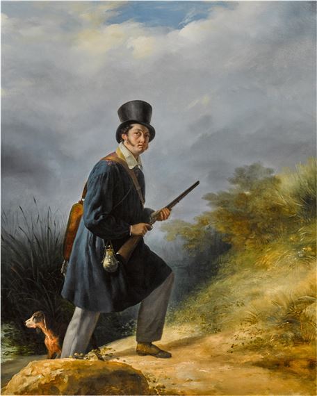 A gentleman hunting with his dog in a landscape by Horace Vernet