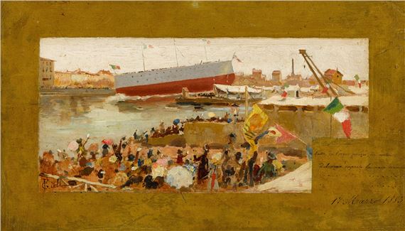 The launch of the Italian battleship, Lepanto, in Livorno, on 17 by Francesco Gioli, March 1883