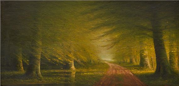 Landscape painting depicting sunlight breaking through a deserted road or path in a lush springtime forest setting by Harvey Joiner