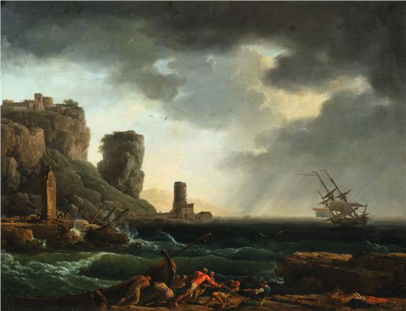 A storm near a rocky coast, with a group of fishermen pulling a wrecked boat in the foreground by Claude-Joseph Vernet, 1747