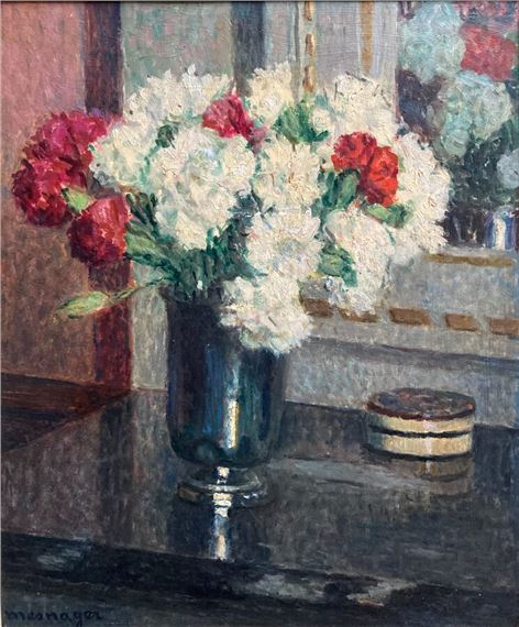 BOUQUET DE FLEURS DANS UNE TIMBALE POSÉE SUR LA CHEMINÉE by Emile Mesnager