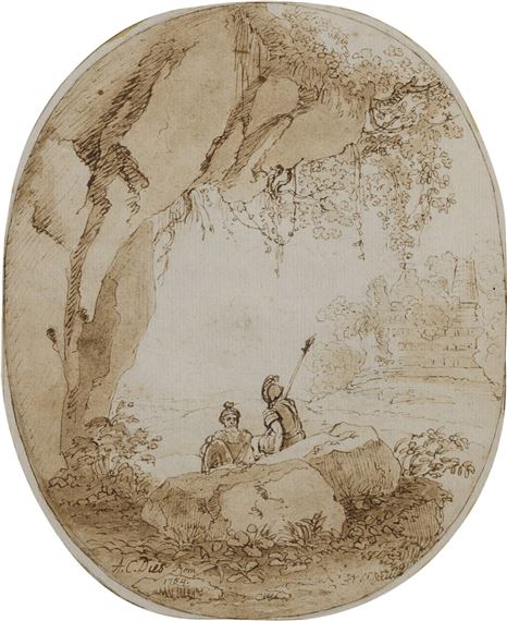 A monochromatic sketch of two figures resting beneath a rocky overhang in a landscape.