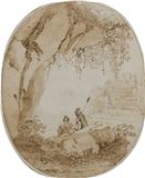 Two soldiers resting in a rocky landscape (Works on Paper) by Albert Christoph Dies, 1784