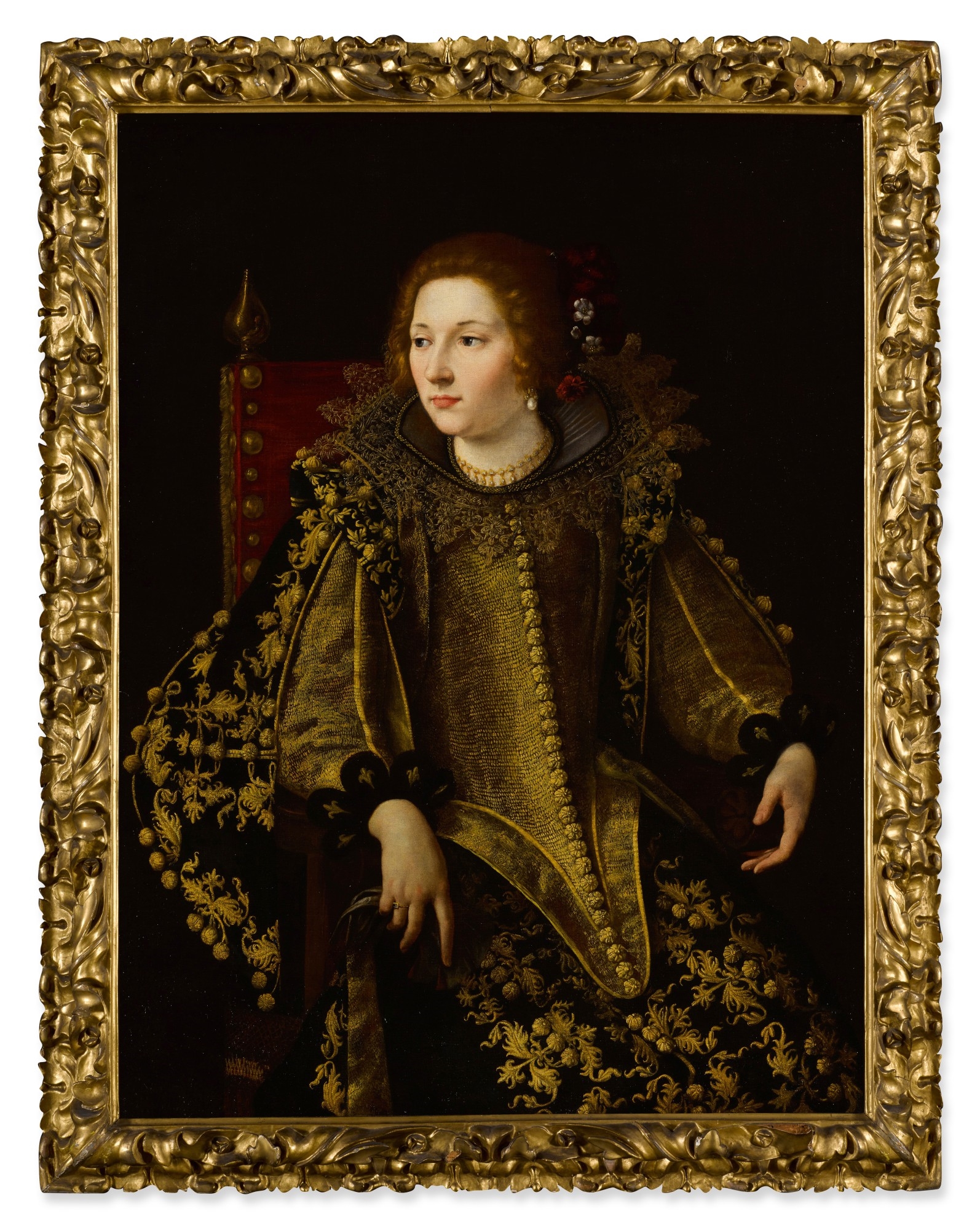 Artwork by Artemisia Gentileschi, Portrait of a seated lady, three-quarter length, in an elaborate and gold-embroidered costume, possibly Caterina Savelli, Principessa di Albano, Made of oil on canvas