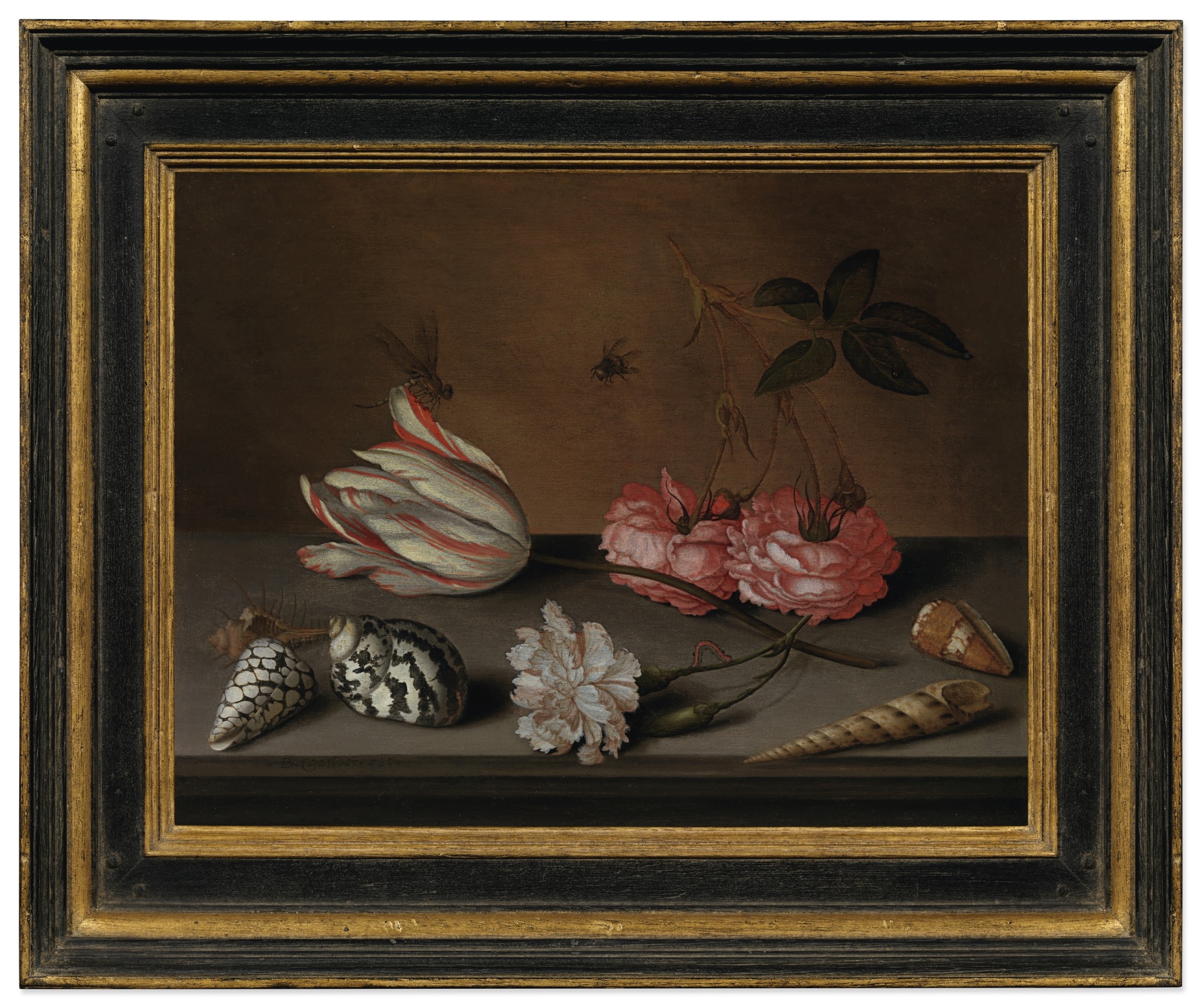 Artwork by Balthasar van der Ast, A tulip, a carnation and roses, with shells and insects, on a ledge, Made of oil on panel