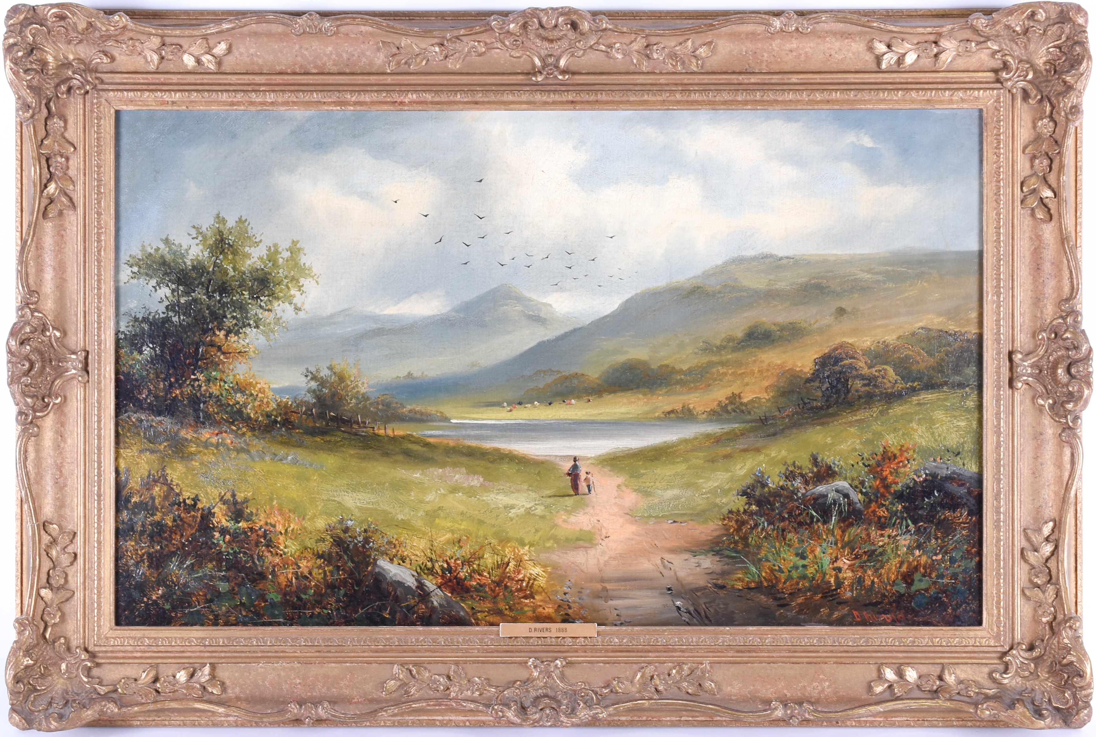 A mountainous landscape scene with figures on a path in the foreground by English School, 19th Century, 1888