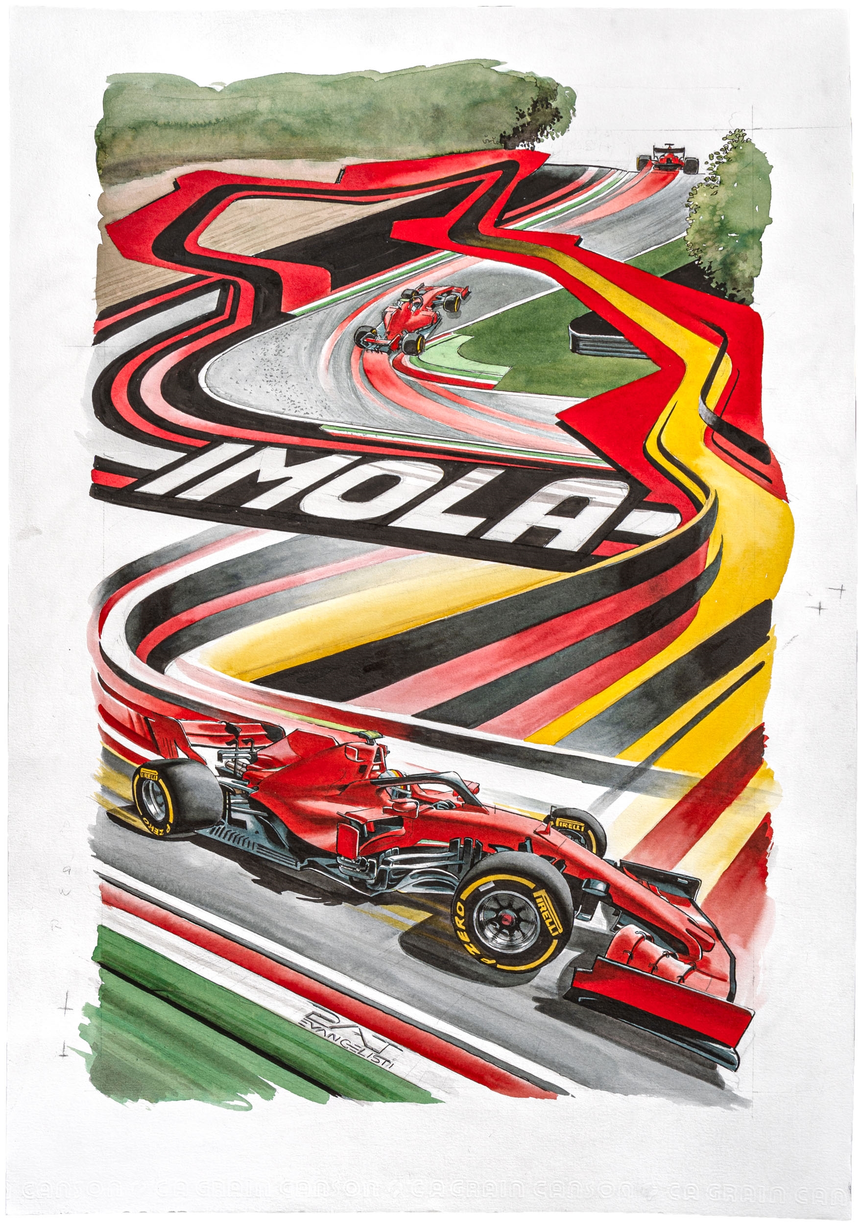 Artwork by Patrizio Evangelisti, Italian Grand Prix - Imola, Made of Mixed media on Canson paper