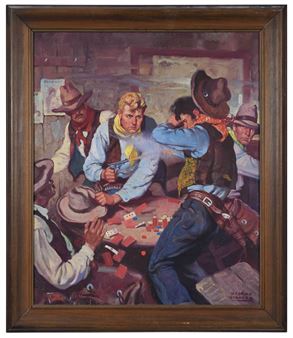 A tense poker game scene with a cowboy at the center of the action.
