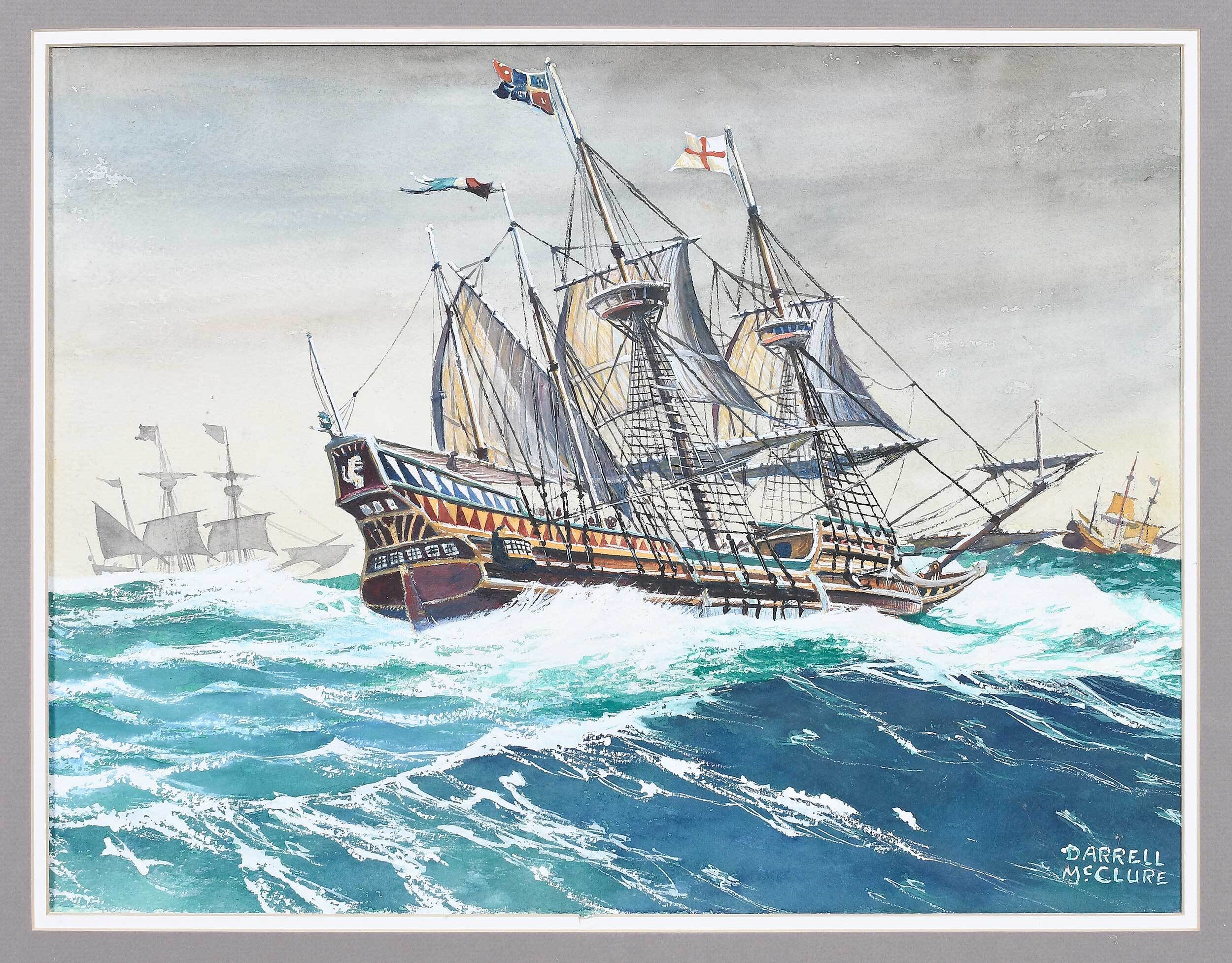 Artwork by Darrell McClure, The Ship Lion in a Moderate Gail, Made of Watercolors