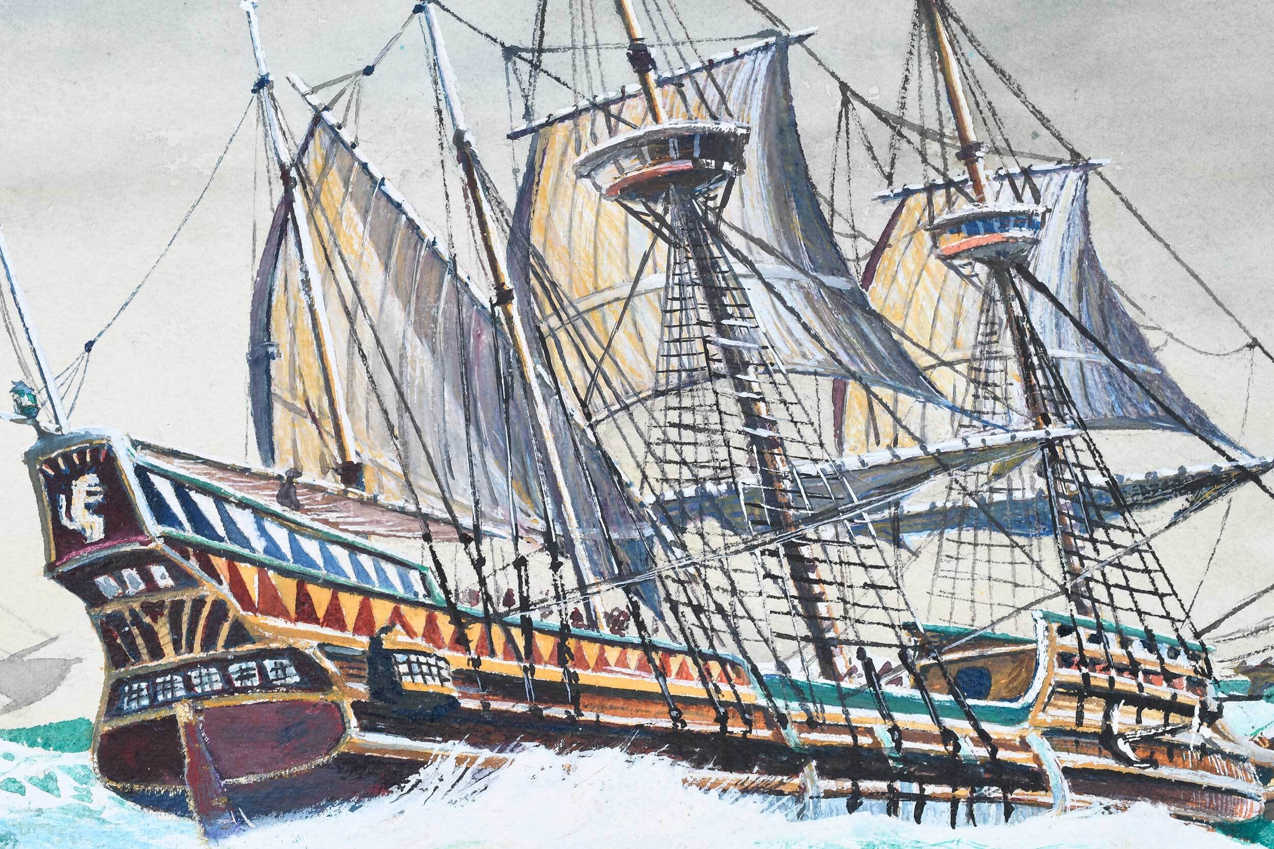 Artwork by Darrell McClure, The Ship Lion in a Moderate Gail, Made of Watercolors