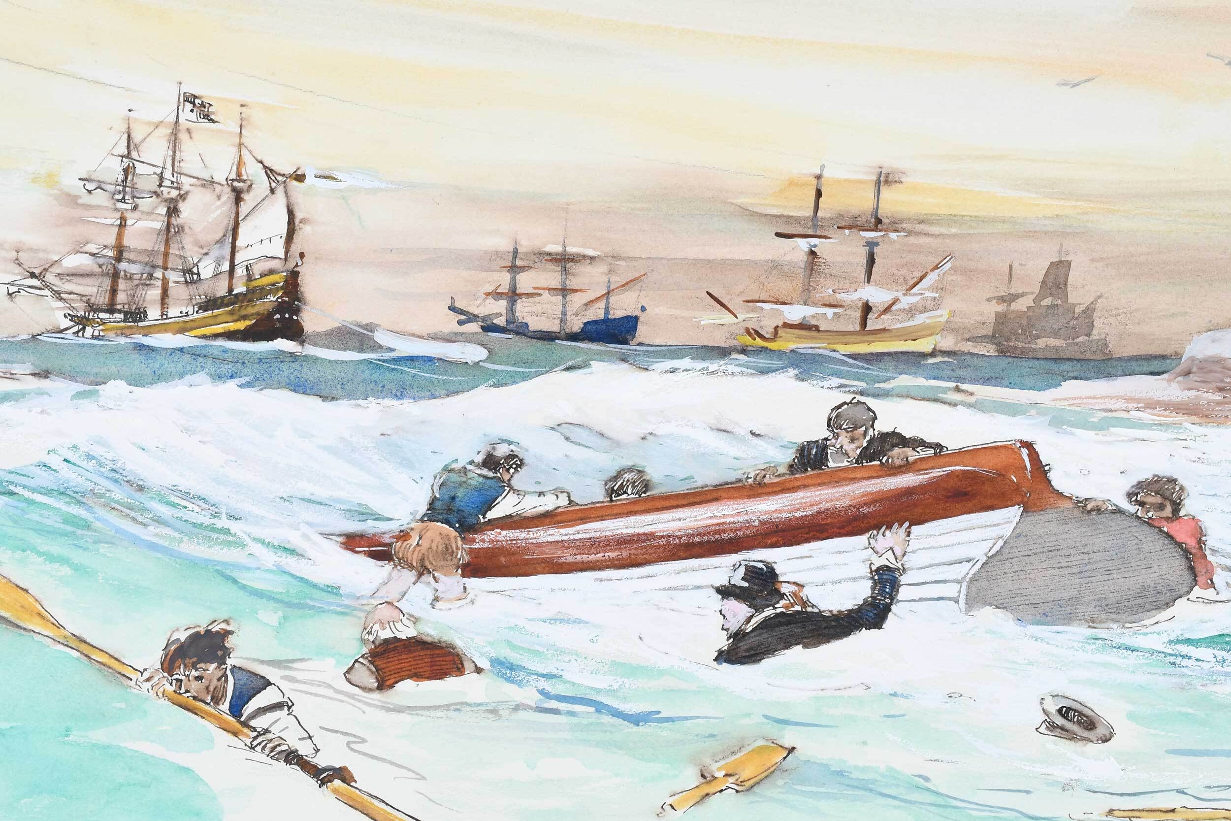 Artwork by Darrell McClure, The Ship Lion in a Moderate Gail, Made of Watercolors