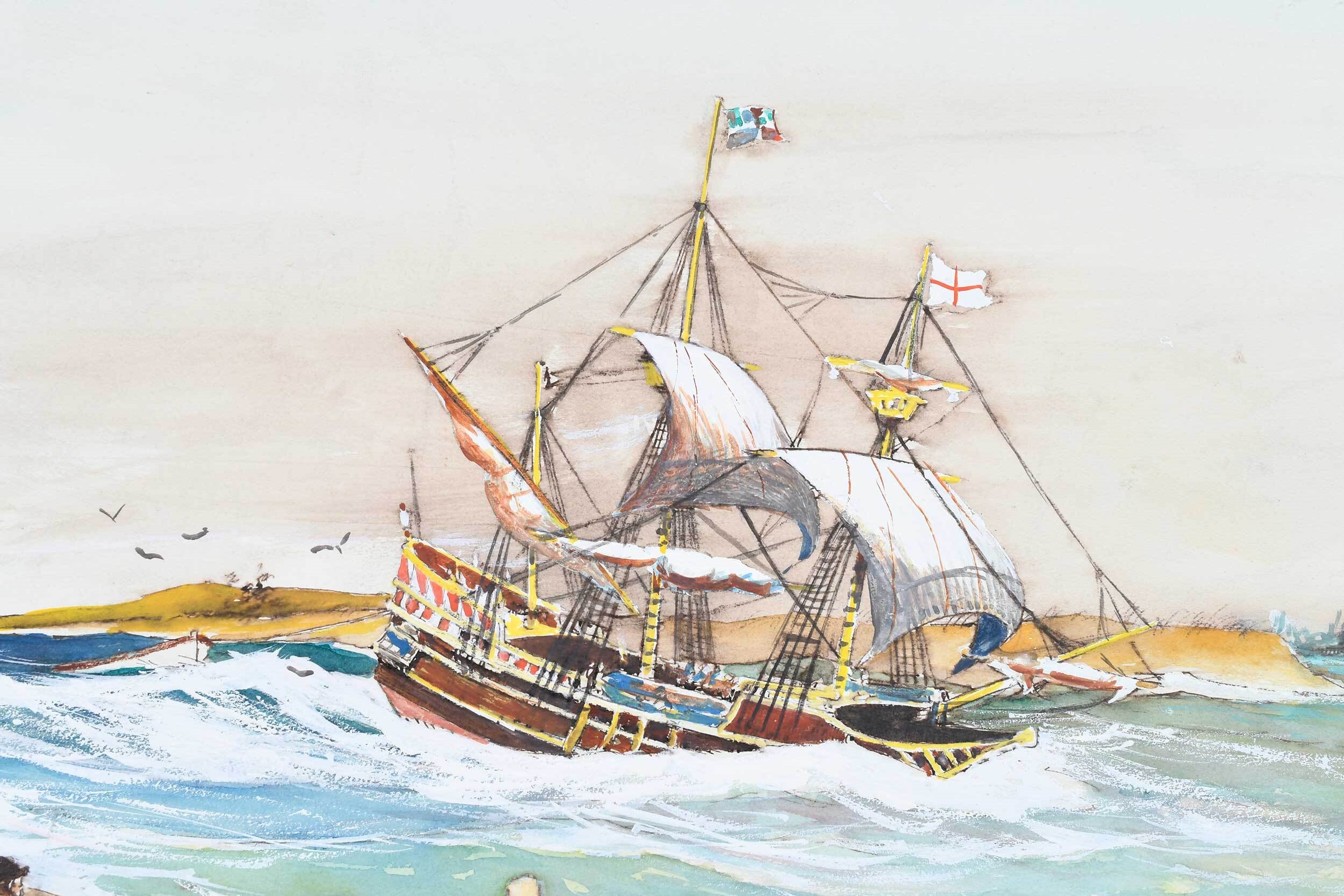 Artwork by Darrell McClure, The Ship Lion in a Moderate Gail, Made of Watercolors