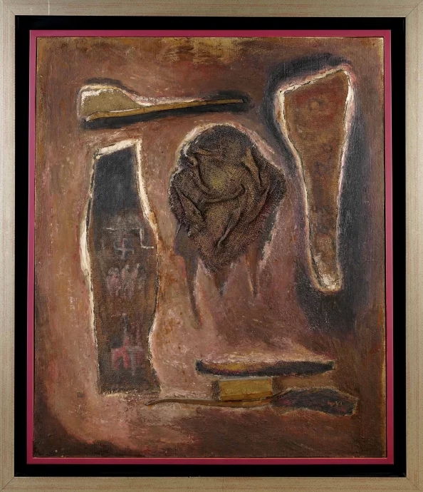 Artwork by Wladyslaw Paciak, Kompozycja, Made of oil, mixed technique, collage / canvas stuck to the plate