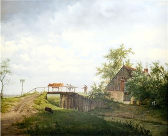 Landschap met boer en koeien bij brug - Adrianus De Visser