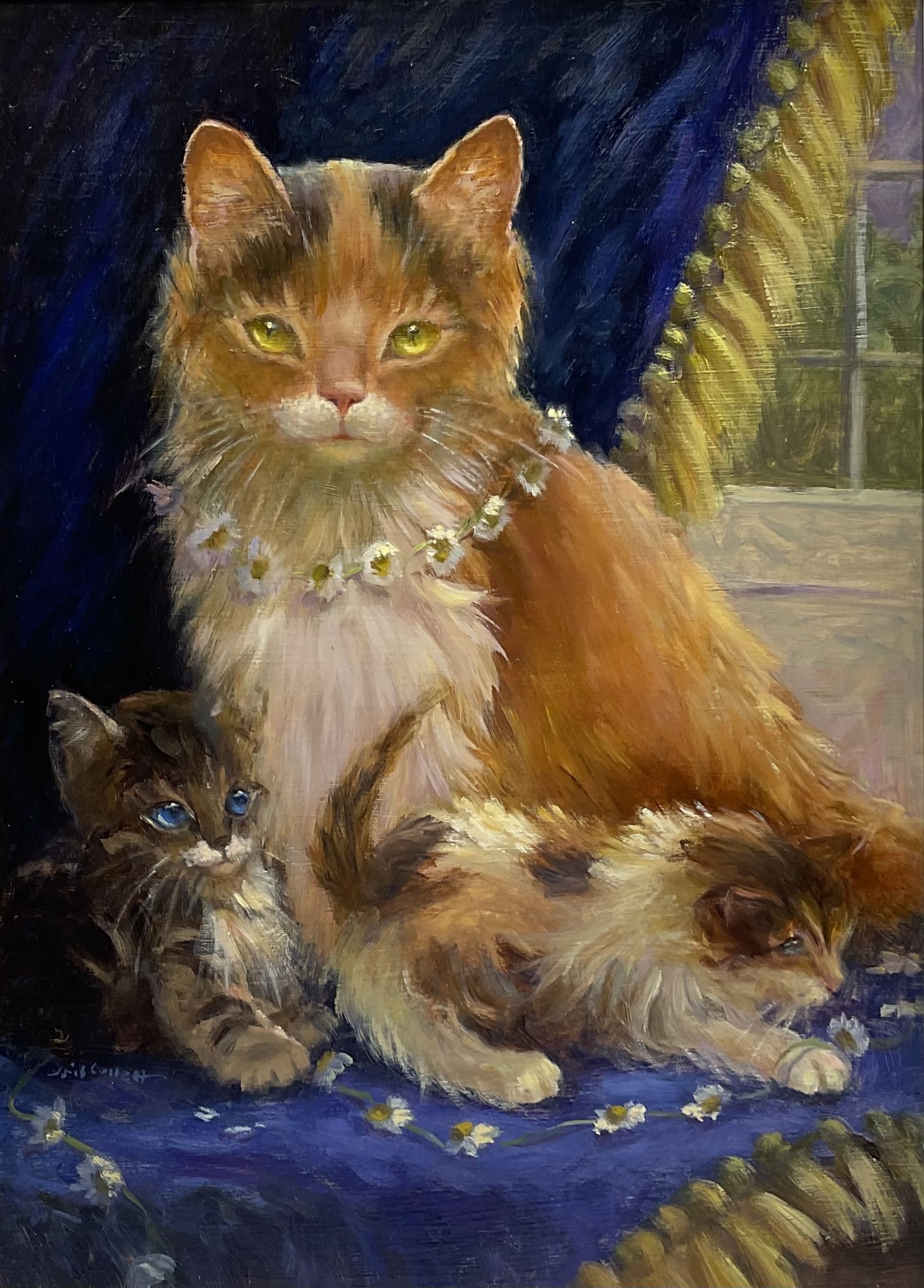 Iris Collett Cat and Kittens with Daisy Chains MutualArt