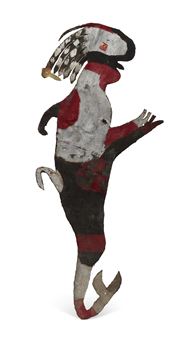 A stylized, abstract figure in red, black, and white with a feathered headdress.