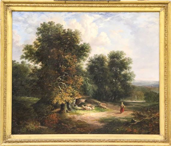 Autumnal landscape with a figure on a path and sheep at rest by John Berney Crome