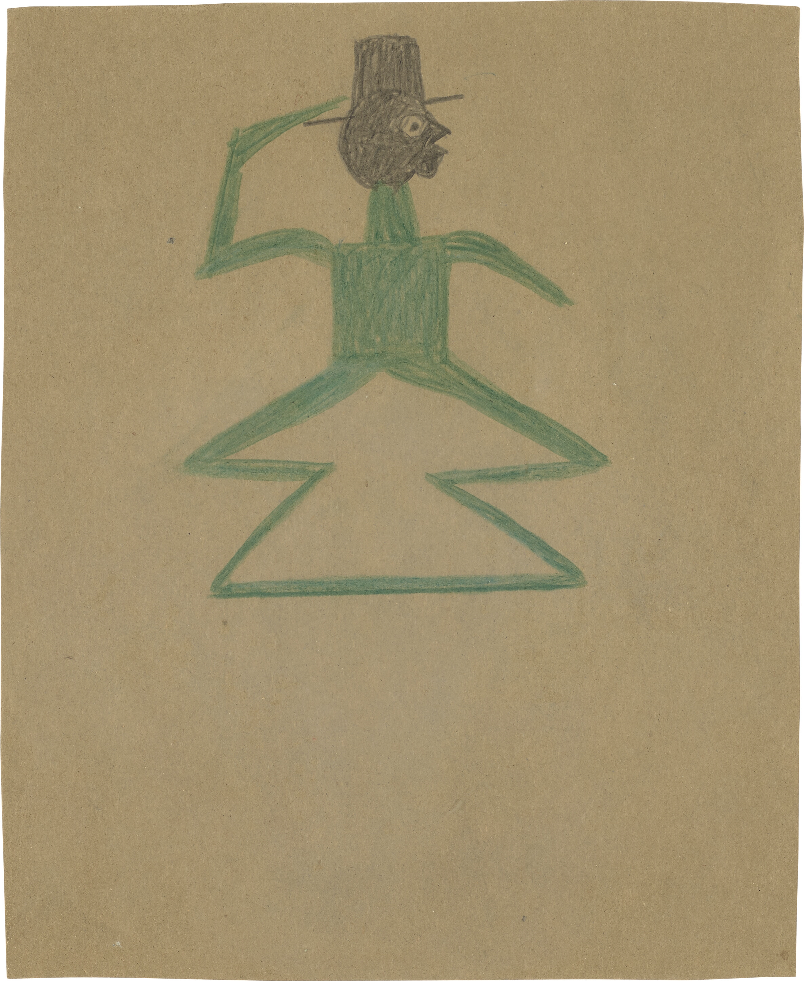 Artwork by Bill Traylor, Green Man with Double Triangle Legs, Made of graphite, black and green pencil on card