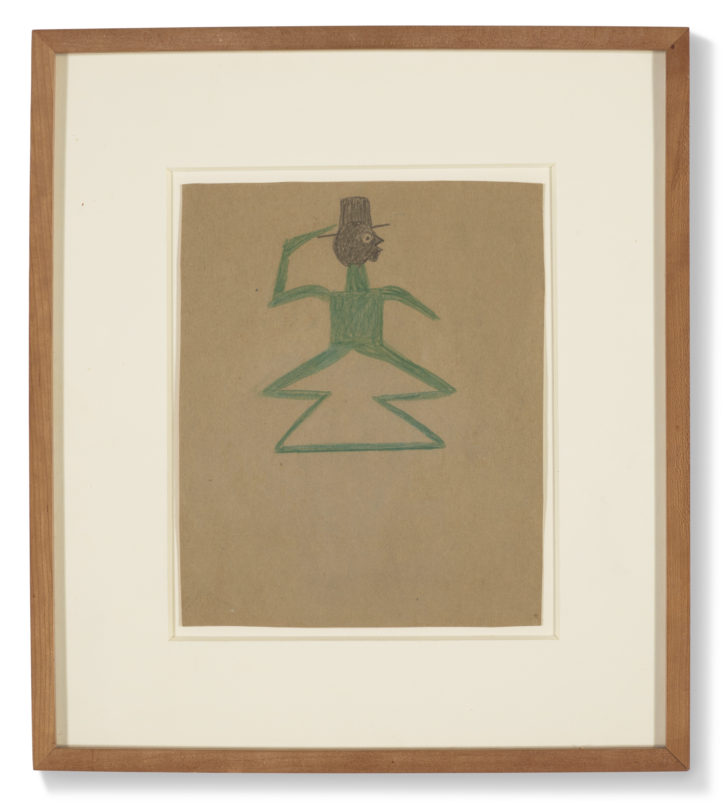 Artwork by Bill Traylor, Green Man with Double Triangle Legs, Made of graphite, black and green pencil on card