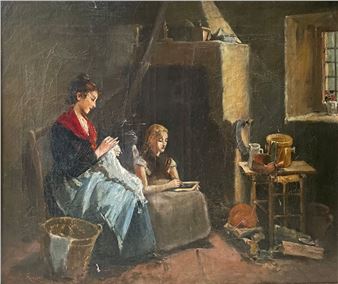 Genreszene in bäuerlichem Interieur mit Mutter und Tochter - Francois Roeder