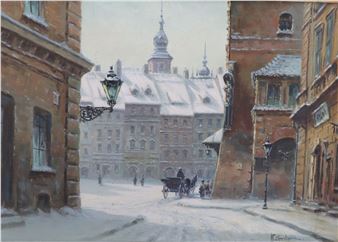 Altstadt von Warschau im Winter, mit Pferdefuhrwerk und figürlicher Staffage - Wladyslaw Chmielinski