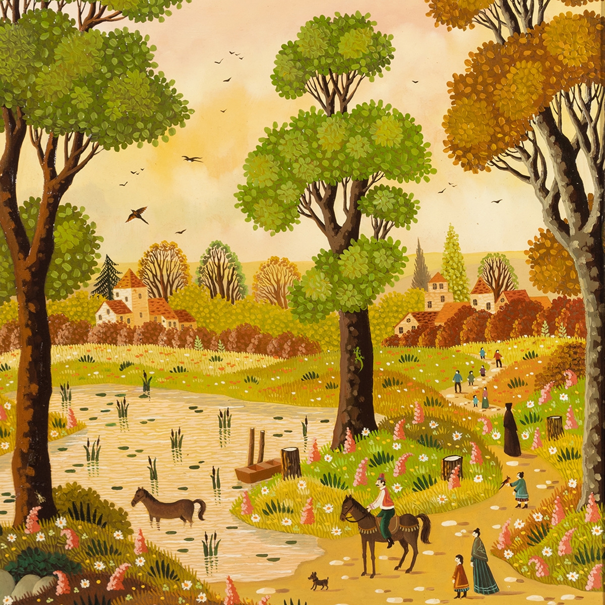 Artwork by Alain Thomas, Villagers with Horses, Made of oil on board