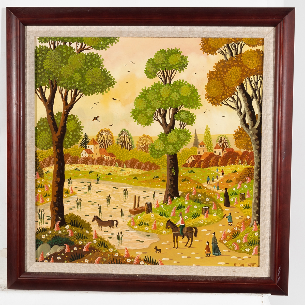 Artwork by Alain Thomas, Villagers with Horses, Made of oil on board