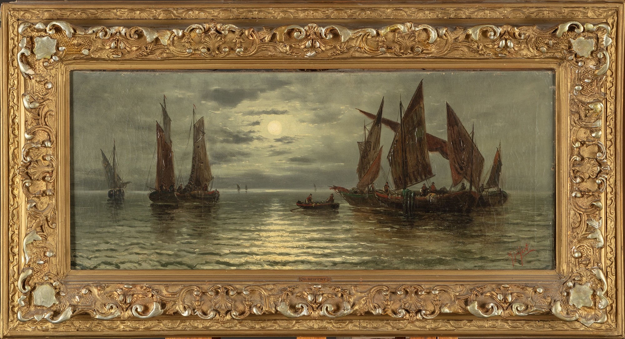 Artwork by G. Seifert, Fishermen in moonlight, Made of oil