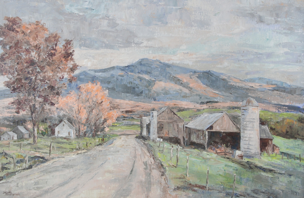 Artwork by Barbara Van Stappen, Vermont mountain with barns, Made of oil on canvas