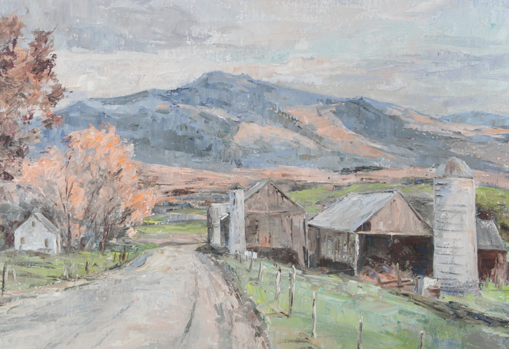 Artwork by Barbara Van Stappen, Vermont mountain with barns, Made of oil on canvas