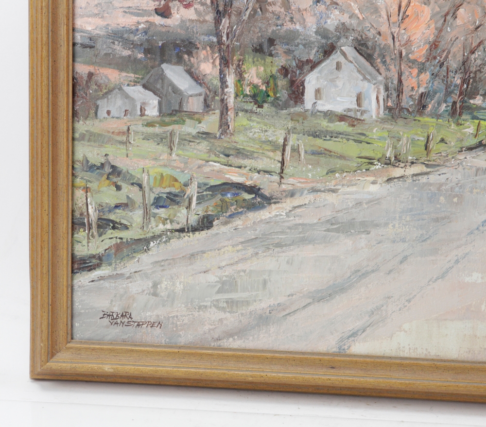 Artwork by Barbara Van Stappen, Vermont mountain with barns, Made of oil on canvas