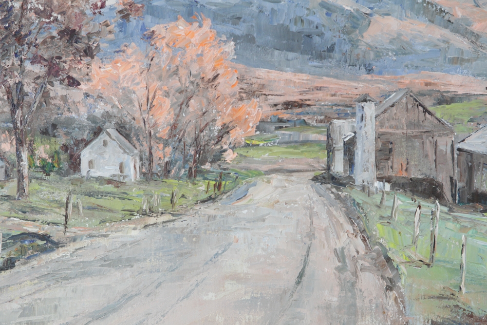 Artwork by Barbara Van Stappen, Vermont mountain with barns, Made of oil on canvas