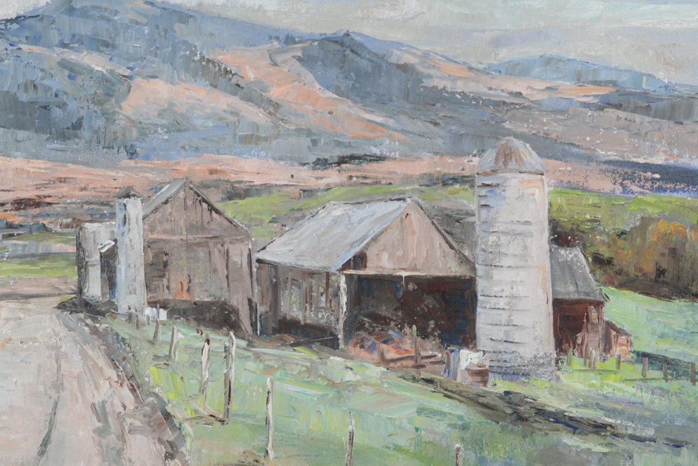 Artwork by Barbara Van Stappen, Vermont mountain with barns, Made of oil on canvas