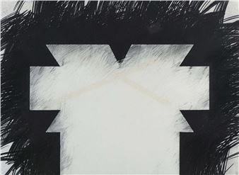 A stark black-and-white abstract composition featuring a jagged white shape against a textured dark background.