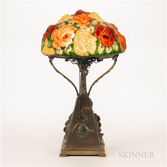 Pairpoint Table Lamp with Rose Bouquet Puffy Shade by Pairpoint Glass Company, early 20th century