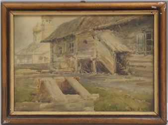 Wassermühle mit Kirche im Hintergrund - Arkady Afanasyevich Chumakov