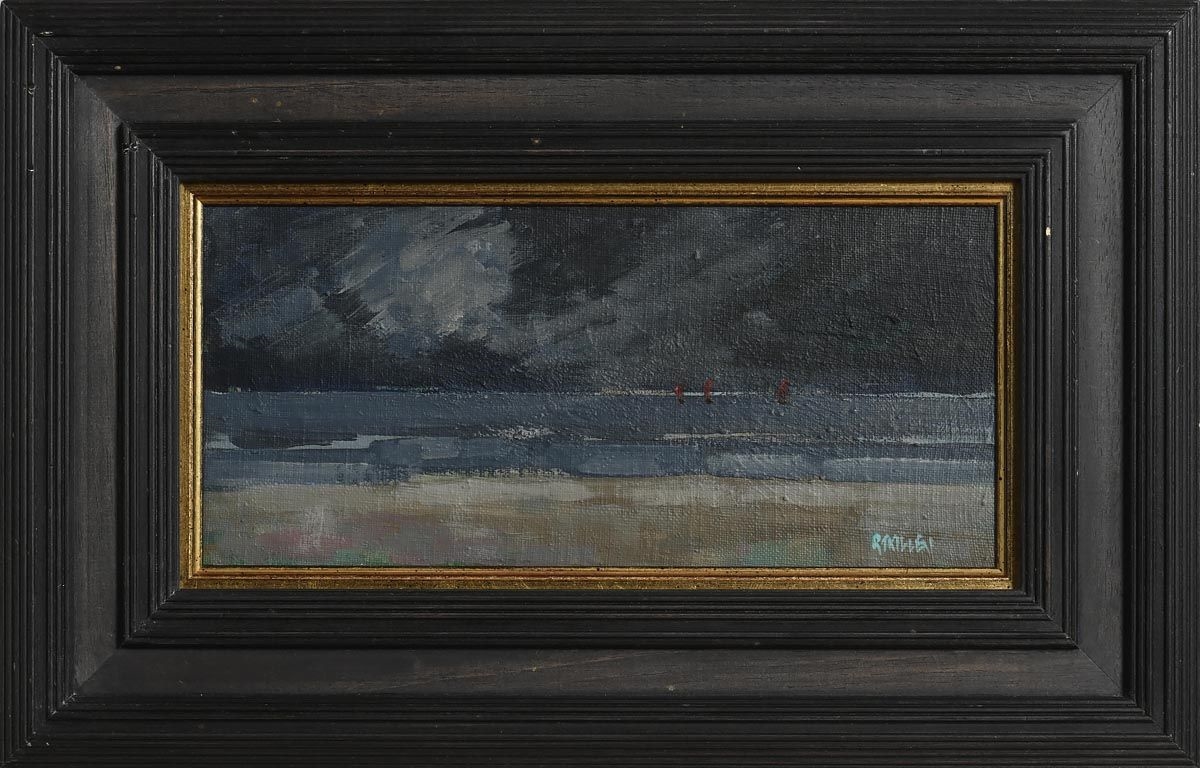 Artwork by R.T. Killen, Evening, Galway Hookers I, Made of oil on canvas laid on board