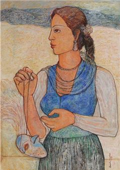 A portrait of a figure holding a mask against a textured landscape.