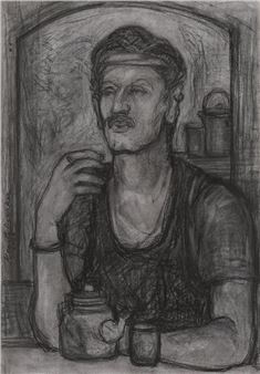 A charcoal sketch of a contemplative figure resting their chin on a hand near a jar.
