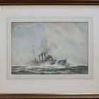 A framed watercolor painting of a steamship navigating choppy seas under an overcast sky.