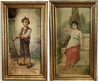 Seated young woman with a white dove - B. Romanelli