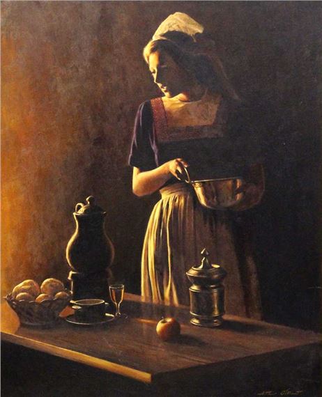 woman preparing a meal by Arthur O'Mant, (20th Century)