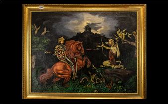 Mythological figures doing battle, a King Arthur type horseman fighting a demon amongst snakes on the ground - P. Sutcliffe