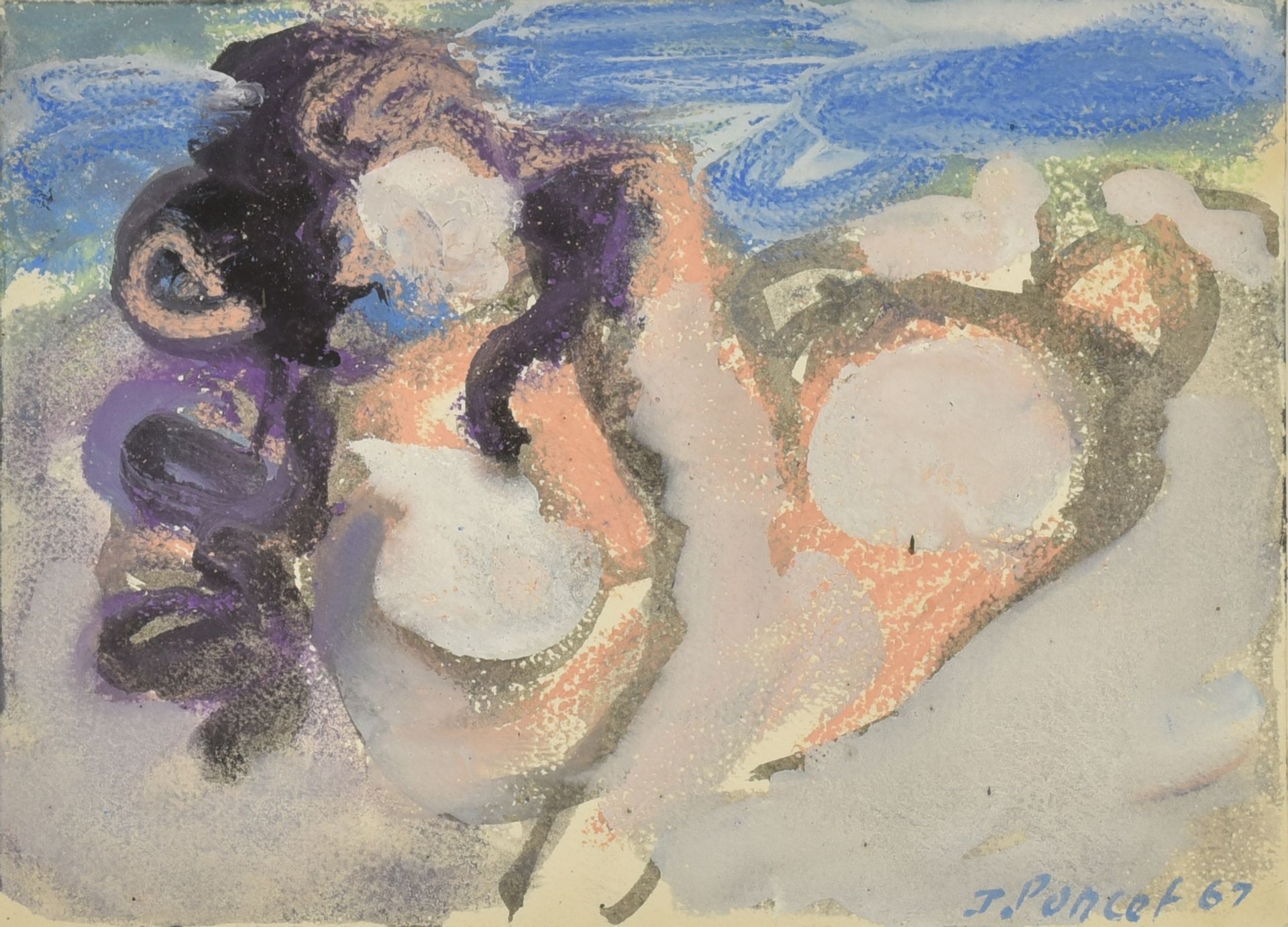 Artwork by Jacques Poncet, Nude on the beach, Made of gouache on paper
