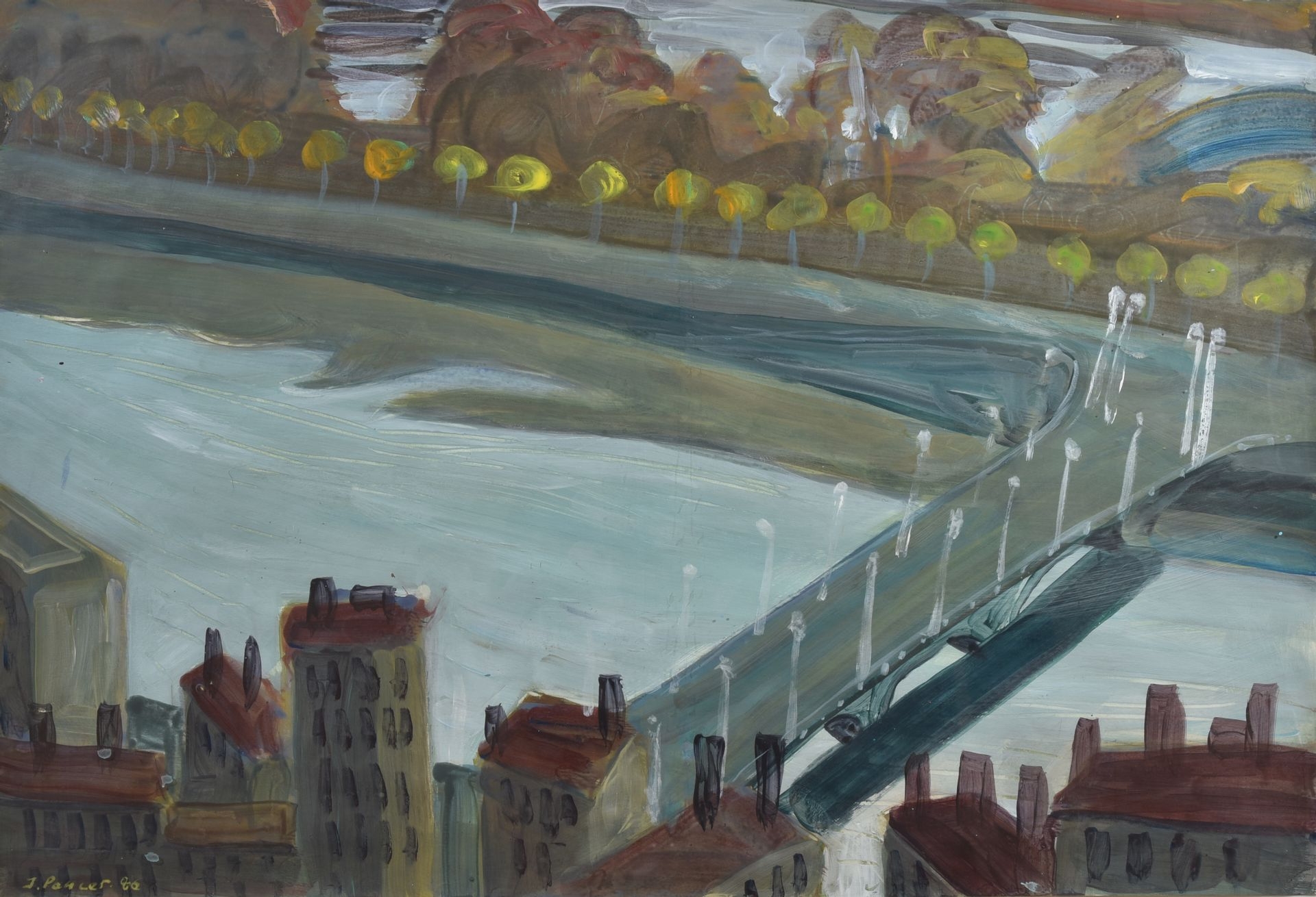 Artwork by Jacques Poncet, Bridge, Made of Gouache on paper mounted on Canson