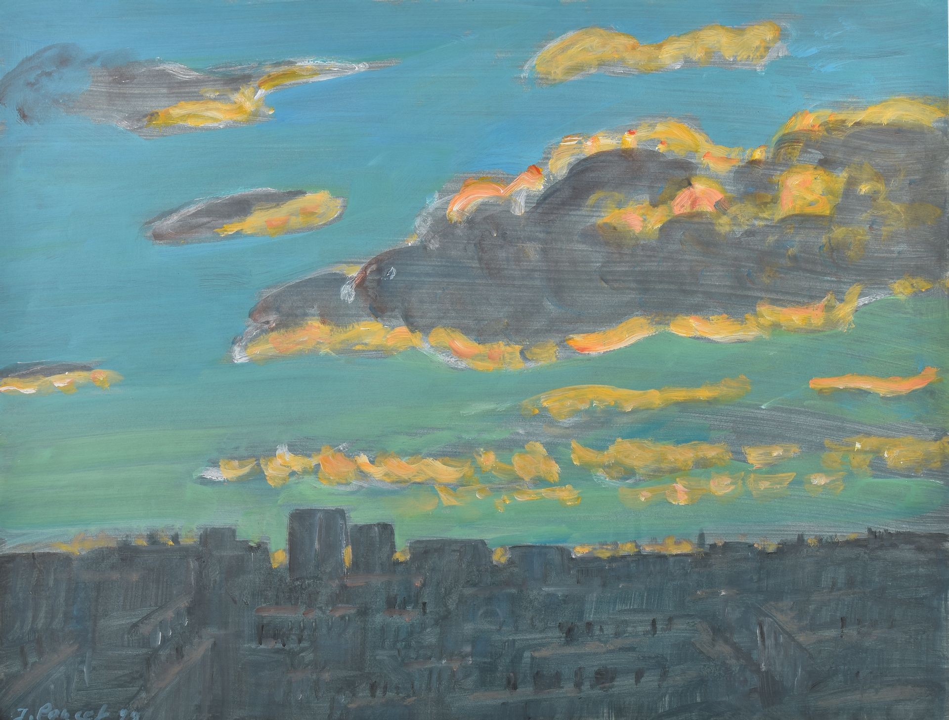 Artwork by Jacques Poncet, The roofs, shades of blue, Made of Gouache on paper mounted on Canson