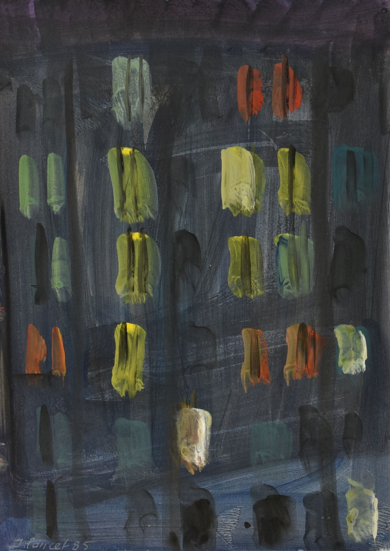 Artwork by Jacques Poncet, Buildings, at night, Made of Mixed media on paper mounted on Canson paper