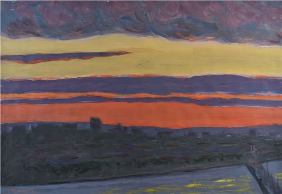 The roofs, pink sky by Jacques Poncet, 2000