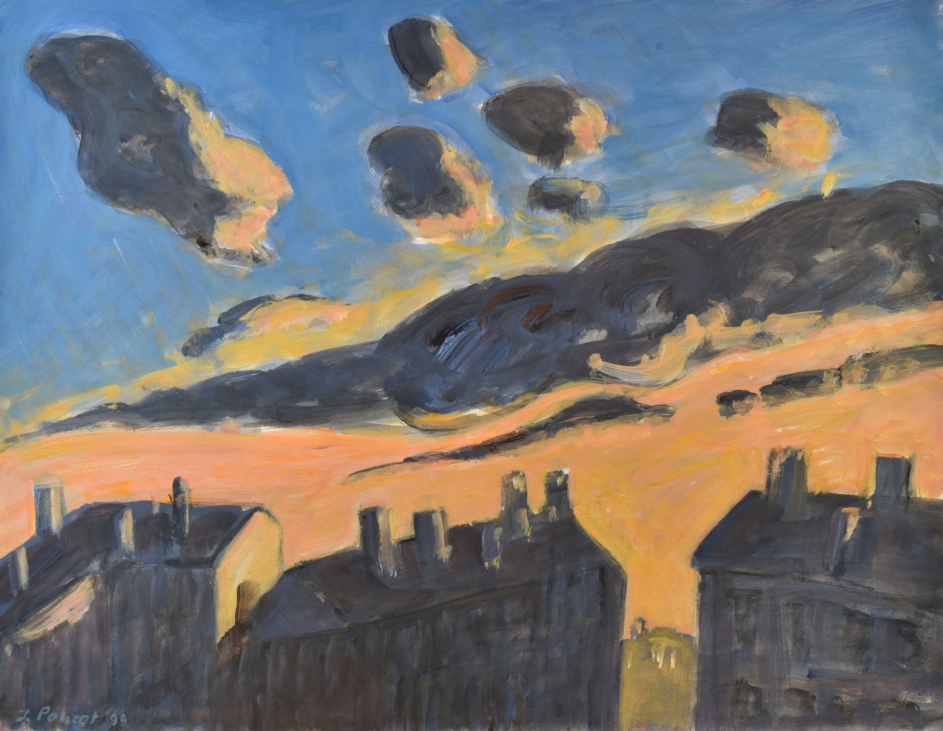 Artwork by Jacques Poncet, The roofs, Made of gouache on paper