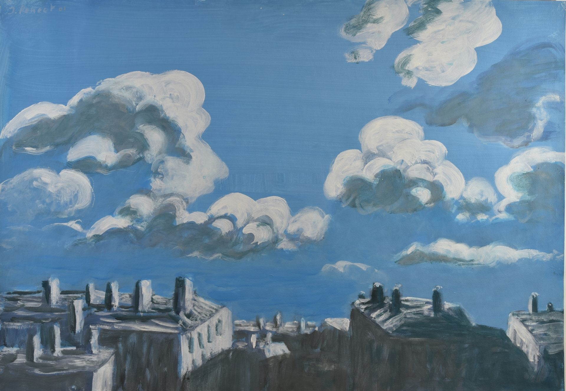 Artwork by Jacques Poncet, Rooftops, blue sky, Made of Gouache on paper mounted on Canson